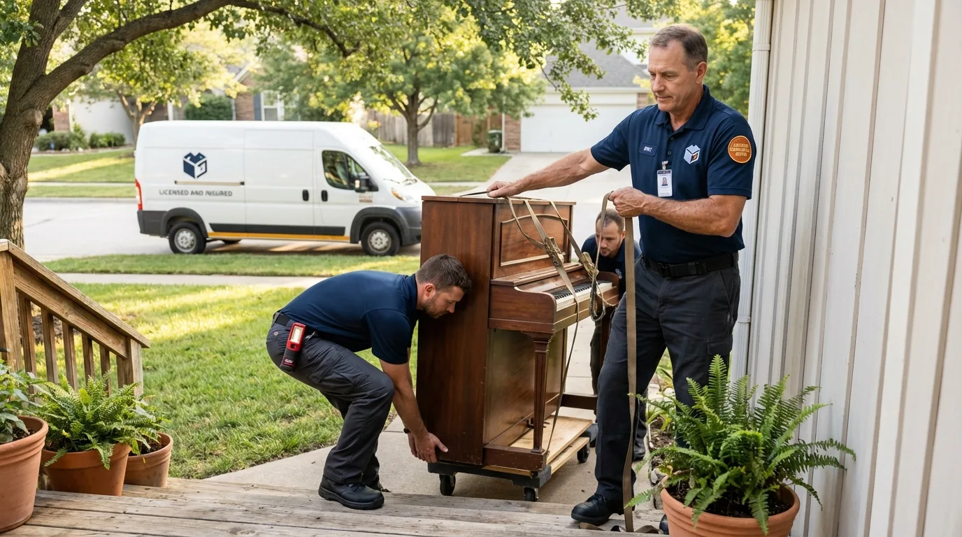 Licensed piano movers securing grand piano in Bodega Bay, CA