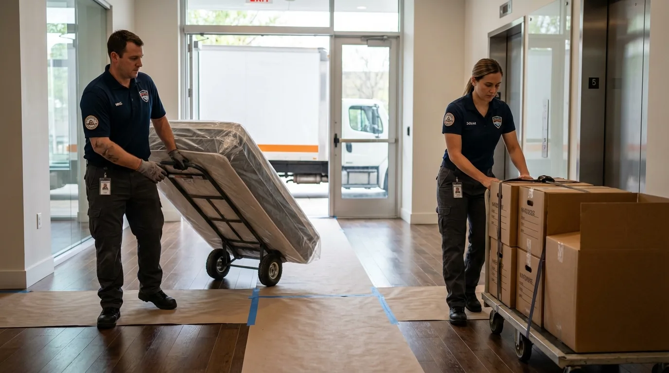 Professional apartment movers loading elevator in Bodega Bay, CA