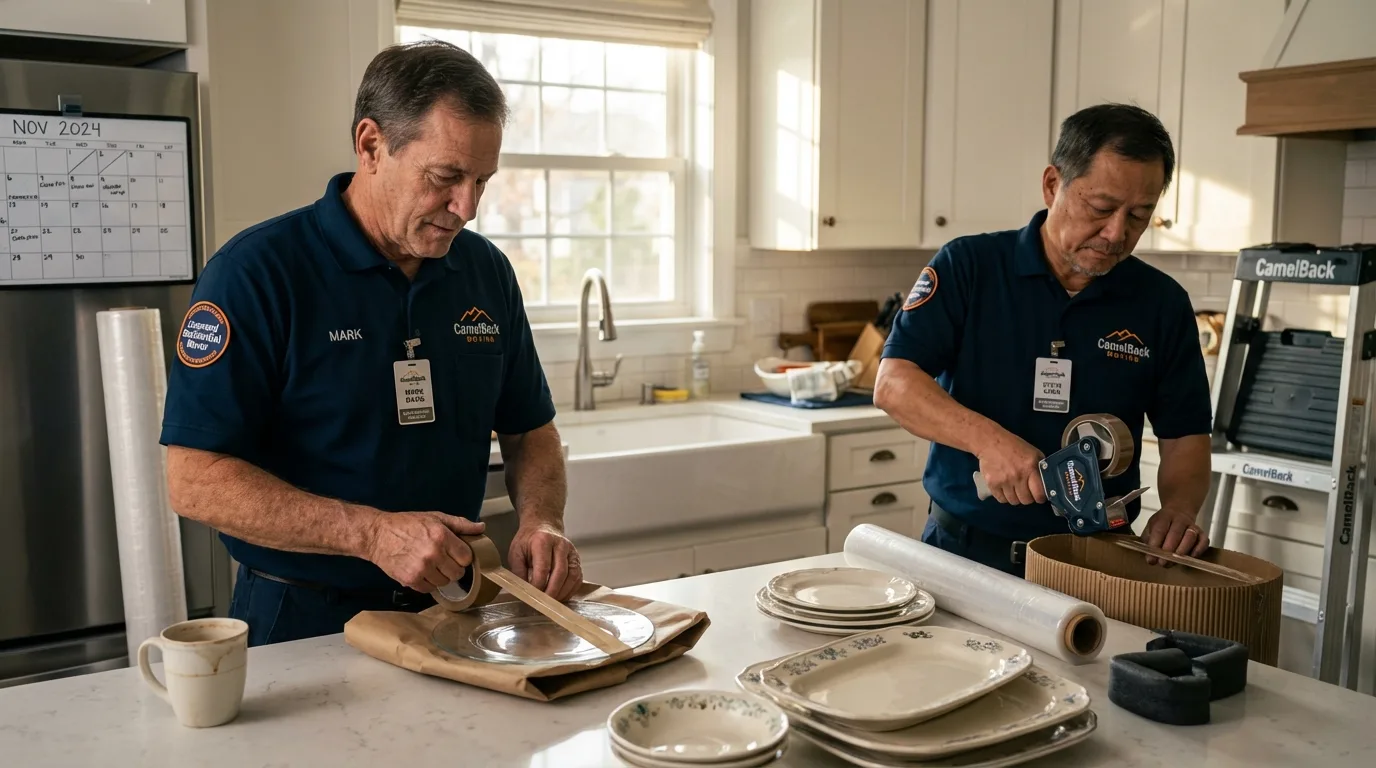 Professional crew packing kitchen dishware in Bodega Bay, CA
